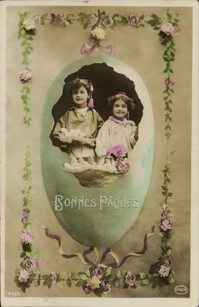 Zwei Kinder in einem großen Ei — Frohe Ostern — CIRCE n°4525 - Vorderseite