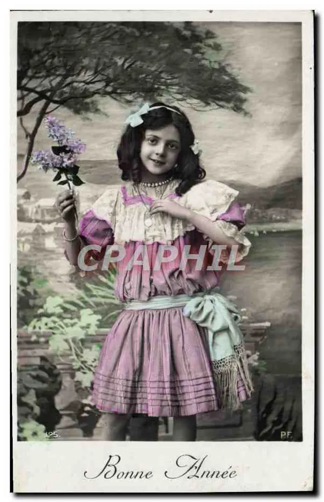 Mädchen in rosa Kleid mit Lilien — Frohe Neujahr — PF n° 125 - Vorderseite