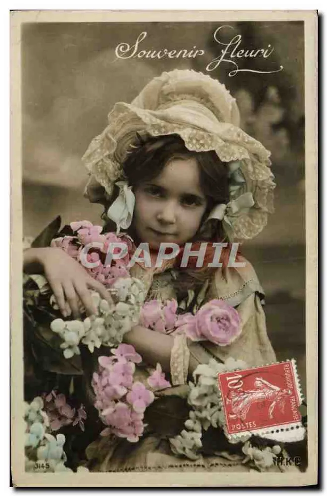 Menina com buquê de flores — Lembrança floral — H.K.E. n°3145 - Frente