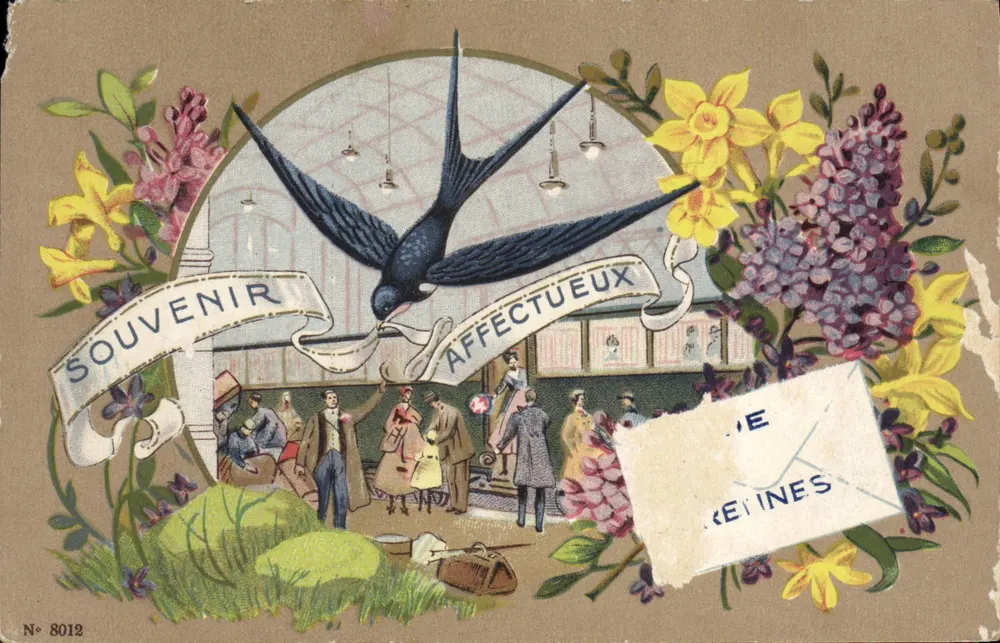 Souvenir affectueux — oiseau en vol au-dessus d'une scène de gare — éditeur anonyme, n° 8012 - Frente