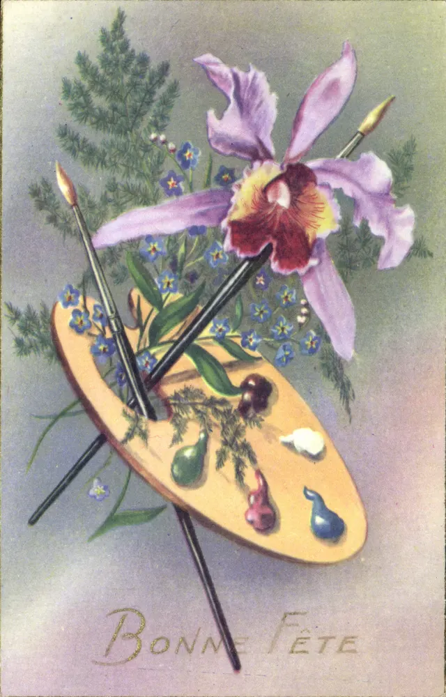 Künstlerpalette mit Orchidee — Frohe Geburtstagskarte — G. PICARD, n°1032 - Vorderseite