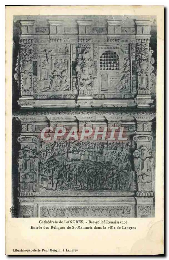 Kathedrale von Langres — Einlass der Reliquien des hl. Mammès in die Stadt Langres — Renaissance-Relief — Buchhandlung-Papierwaren Paul Mongin, in Langres - Vorderseite