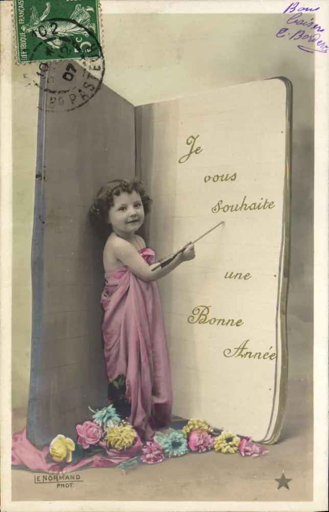 Kleine Mädchen in rosa Kleid — Wünscht ein gutes Jahr — E. Normand Phot. - Vorderseite