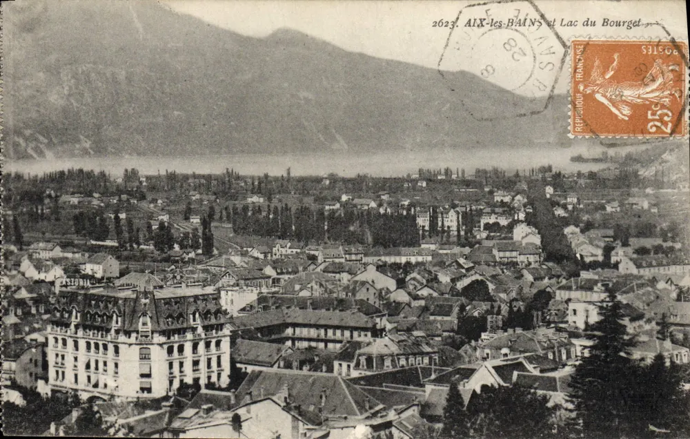 Aix-les-Bains e Lago do Bourget — vista aérea — editor Républiquet - Frente