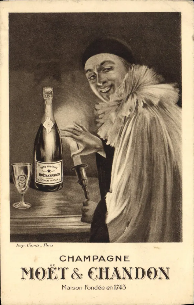 Champagne Moët & Chandon — publicidade com personagem em traje — Imp. Camis, Paris - Frente