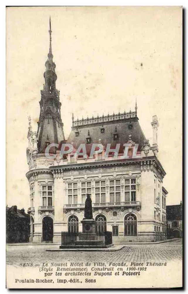 Sens — Das neue Rathaus, Fassade, Place Thénard — Renaissance-Stil, gebaut 1900-1902, von den Architekten Dupont und Polvert, gedruckt von Poulain-Rocher, Sens - Vorderseite