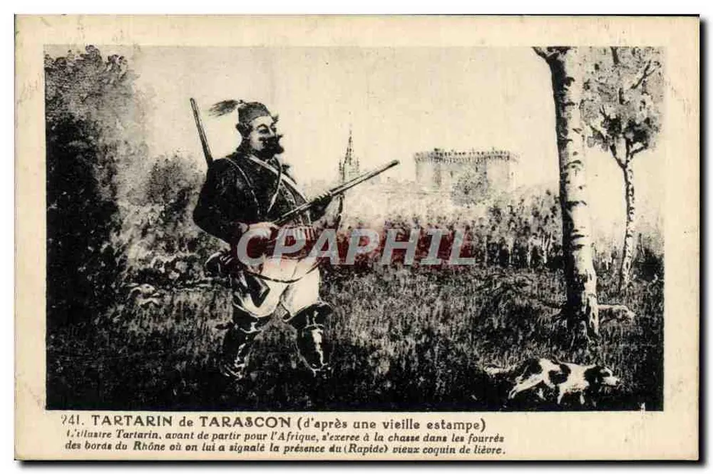 Tartarin de Tarascon — antes de partir para a África, se exercita na caça nos arbustos das margens do Rio Ródano — editor não visível, n° 941 - Frente