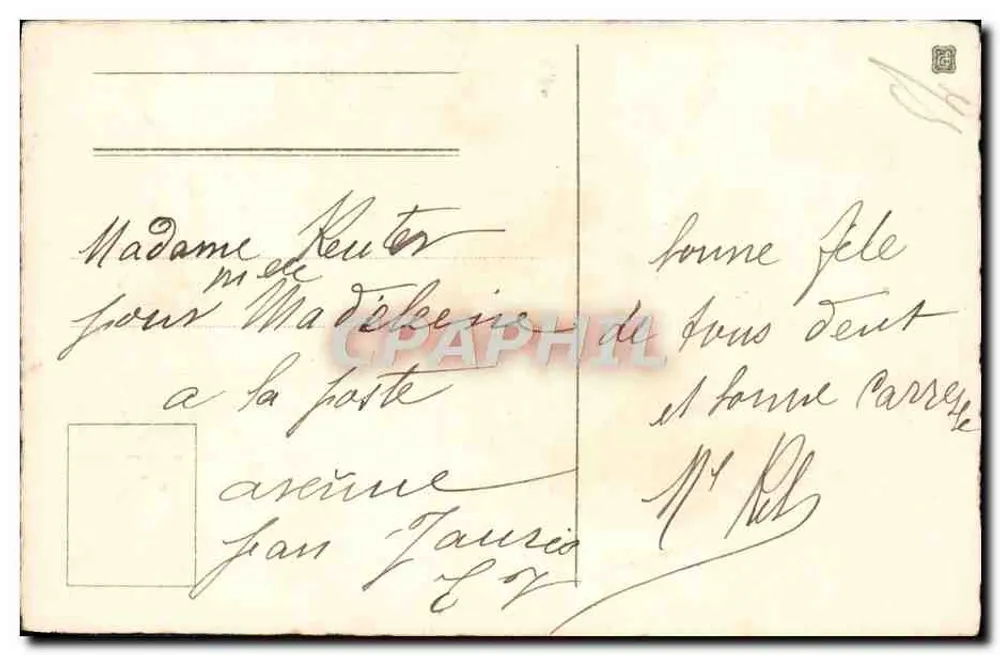 Arranjo de myosotis — paisagem fluvial com véu — texto 'Bom Aniversário' — editor não identificado - Verso