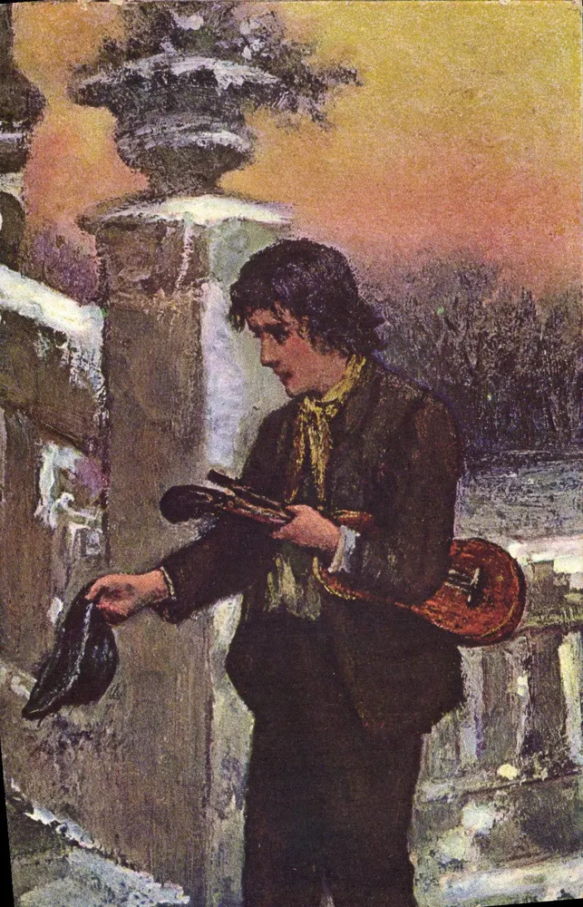 Jovem músico com violino — cena invernal — editor Lervilles - Frente