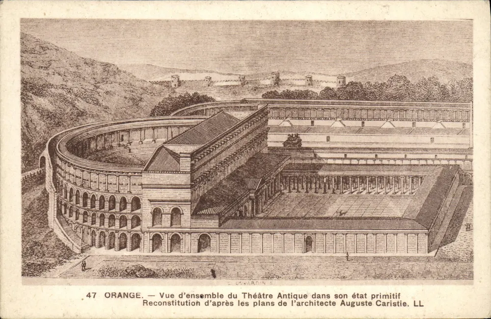 Orange — Blick auf das antike Theater in seinem ursprünglichen Zustand — Rekonstruktion nach den Plänen des Architekten Auguste Caristie. LL. N°47 - Vorderseite