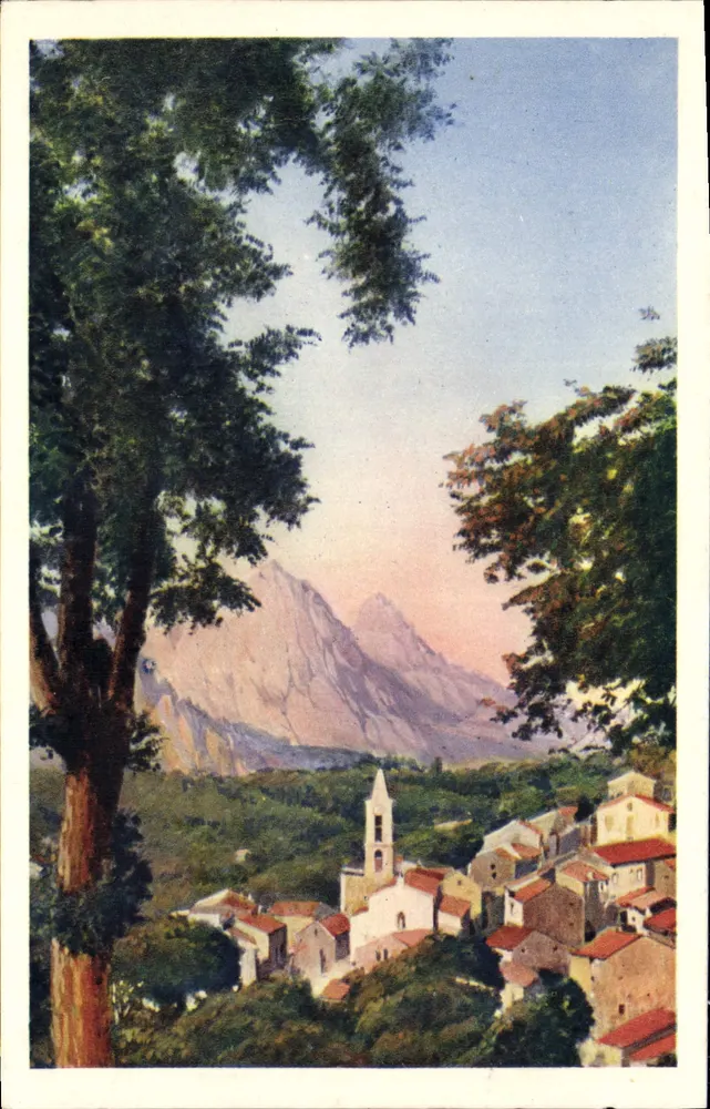 अल्पीय गांव — पैनोरमिक दृश्य चर्च और पर्वत के साथ — A. Tomasi, Ajaccio (कॉर्सिका) - आगे