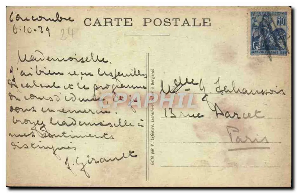 Bergerac (Dordogne) — Rue de la Myrpe — Editada por V. Lefebvre, Livreiro em Bergerac, n° 506 - Verso