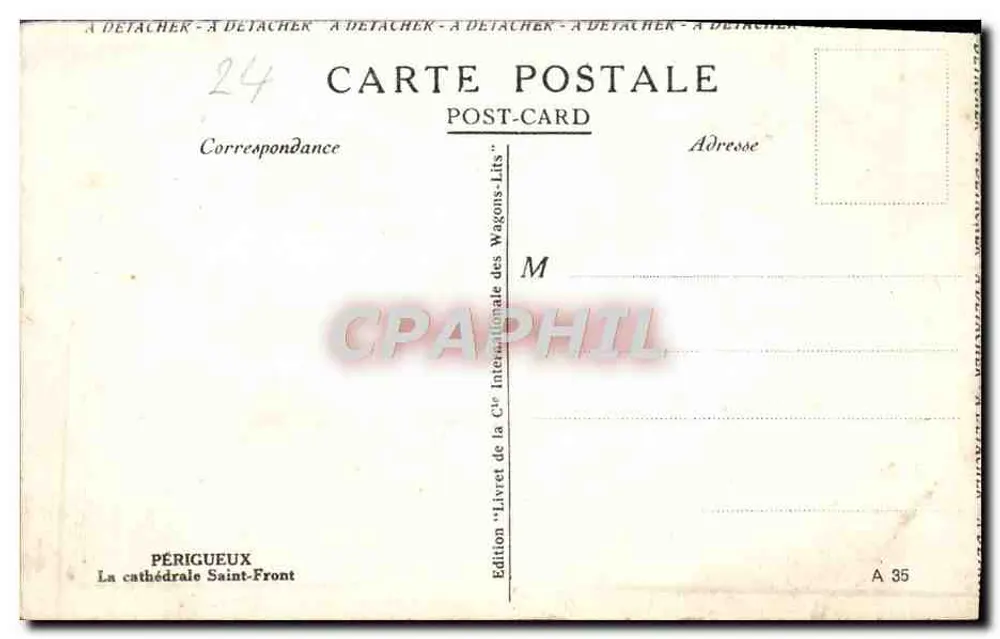 Périgueux — A catedral Saint-Front — Edição 'Livre de la 1ère Internationale des Wagons-Lits' A 35 - Verso
