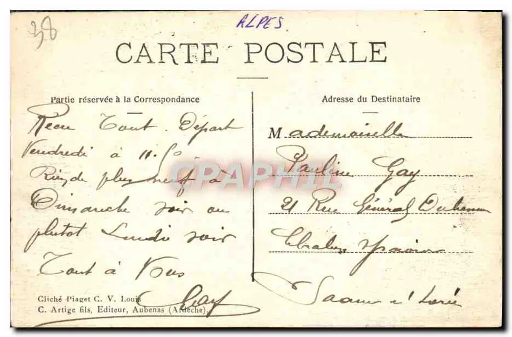 Auf dem Plateau von Paris — Kette der Meije — Cliché Piaget G. V. Louis, Aubenas (Ardèche) - Rückseite