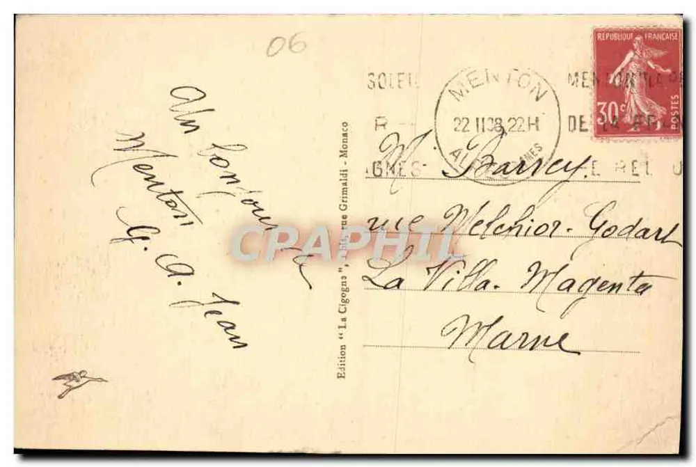 Menton - Vista scattata dal Capo Martin — Edizione La Cigogne, via Grimaldi - Verso
