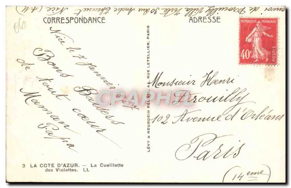 Mulheres colhendo violetas — A Costa do Azul — Editor Lévy & Neurdein, Paris, n° 60 - Verso