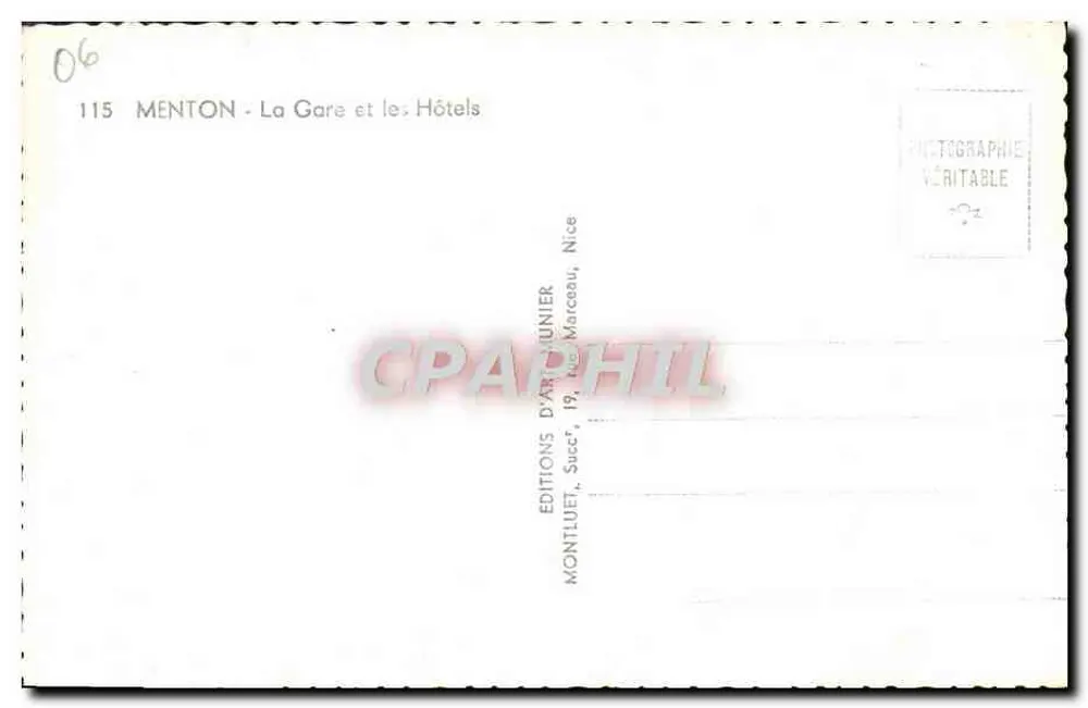 Menton — A Estação e os Hotéis — Éditions d'Art Munier, Nice - Verso