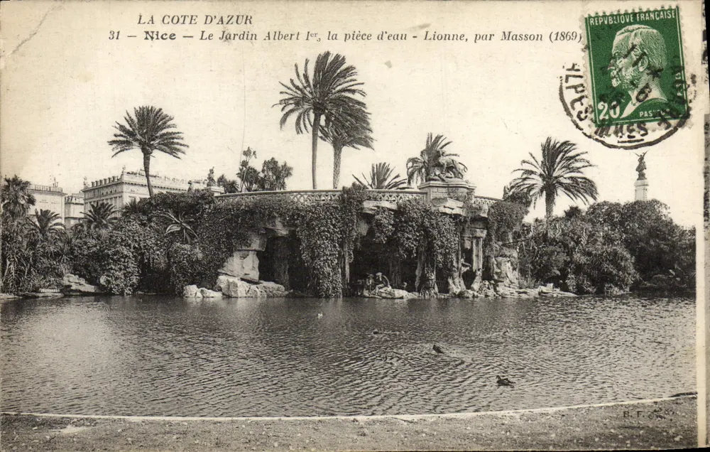 Nice — O Jardim Albert 1º, a área de água - Leão, por Masson (1869) - Frente