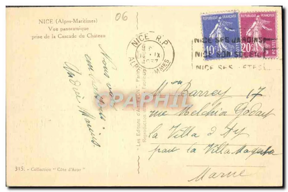Nice (Alpes-Maritimes) — Panoramablick vom Château Cascade — Les Éditions d'Art d'Azur, n°315 - Rückseite