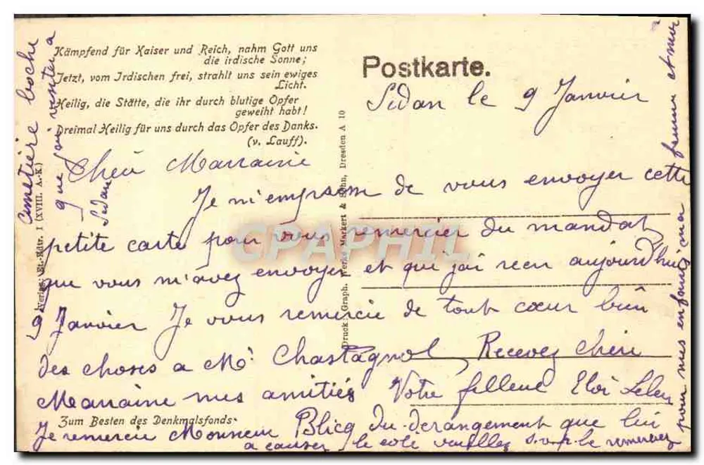 Cemitério dos Heróis de St. Charles em Sedan — monumento aos mortos com nomes gravados — editor: W. M. M. & Sohn, Iresheim - Verso