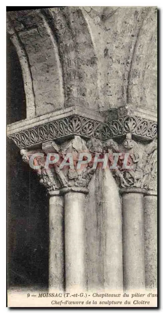 Moissac (T.-et-G.) — Capitéis do pilar de canto — Obra-prima da escultura do claustro - Frente