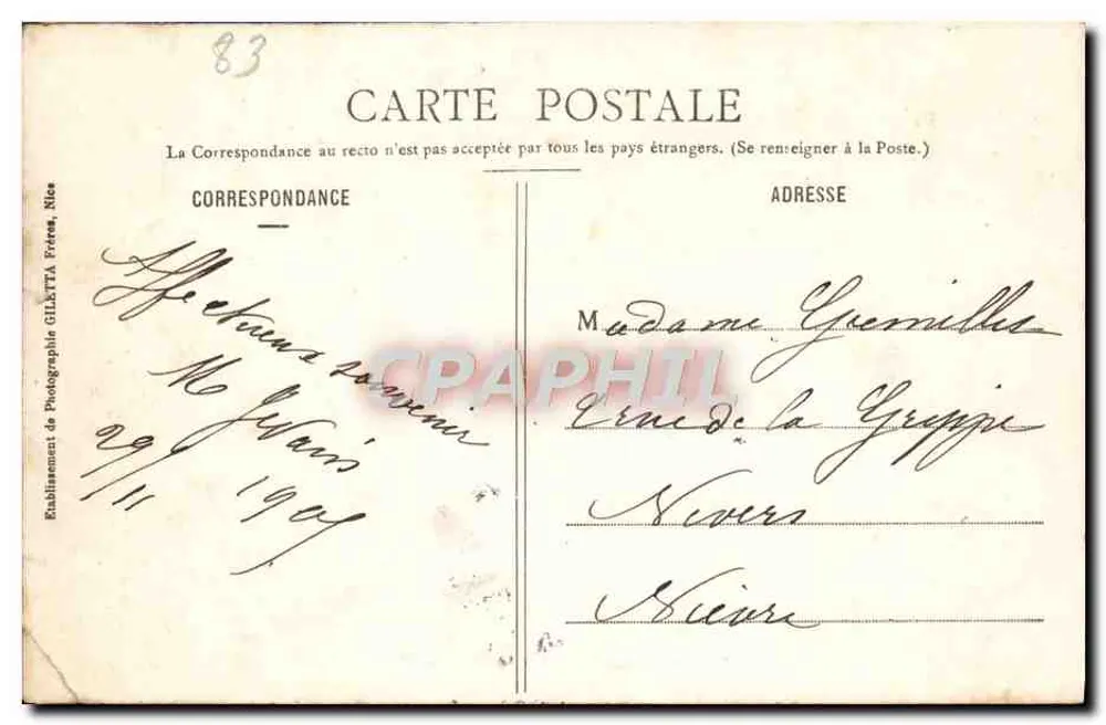 Hyères - Boulevard des Palmiers — Coleção Artística — Edição Giletta, fot., Nice, n° 1701 - Verso