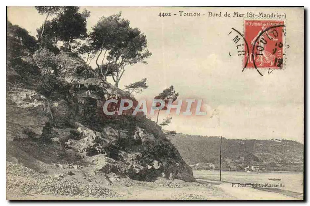 Toulon - Bord de Mer (St-Mandrier) — vista de falésias e mar — P. Ruffédit, Marseille, n°4402 - Frente