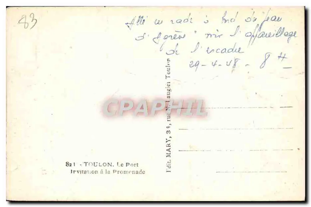 Le Port de Toulon — vue du quai avec bateaux et navires — éditeur MARY, 34, rue de l'Ange-Gaillard - Verso