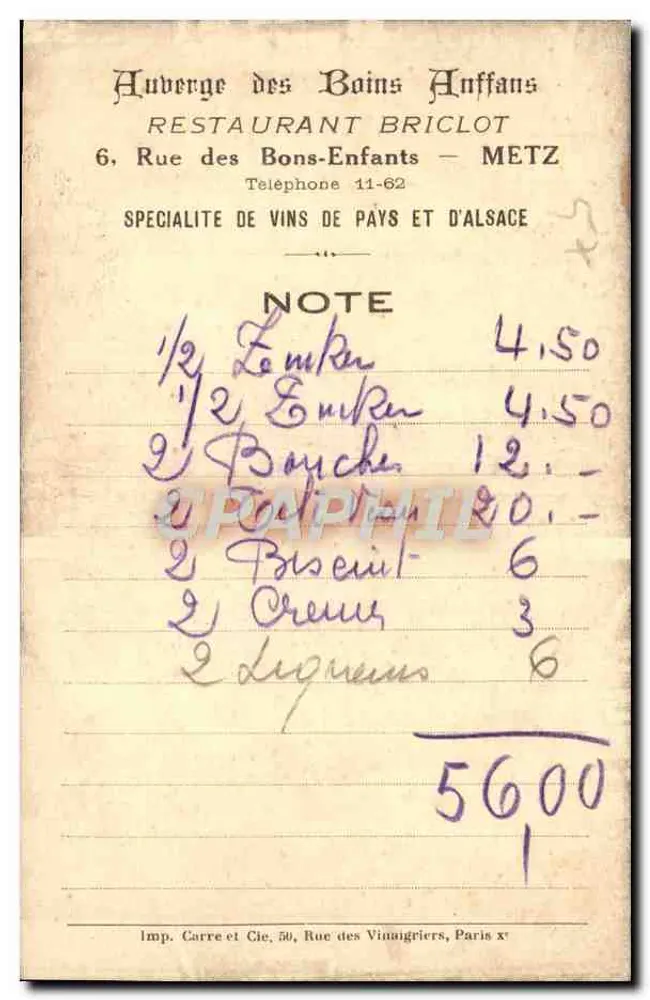 Auvergne des Bains Anfans — Restaurant Briclot — Metz - Rückseite