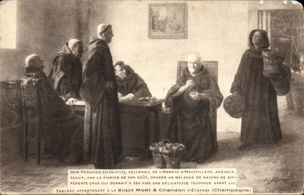 Dom Pérignon (1638-1715), Kellermeister der Abtei Hautvillers, blind, wusste durch die Feinheit seines Geschmacks, verschiedene Trauben zu mischen, was seinen Weinen eine Eleganz verlieh, die vor ihm unbekannt war — Gemälde der Maison Moët & Chandon aus Épernay (Champagne) - Vorderseite