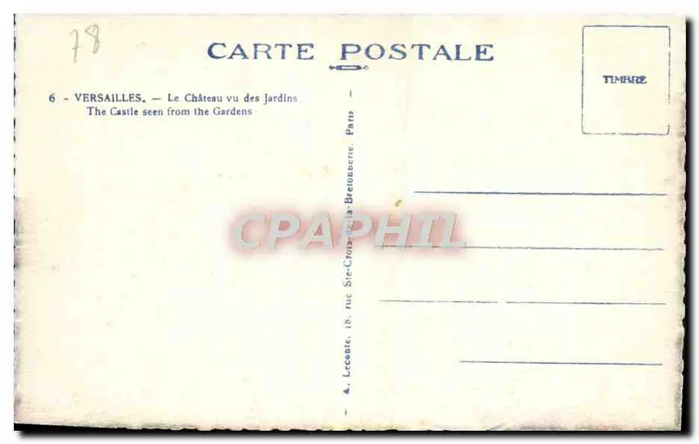 Versailles — O Castelo visto dos Jardins — Editor A. Lecante, Paris - Verso
