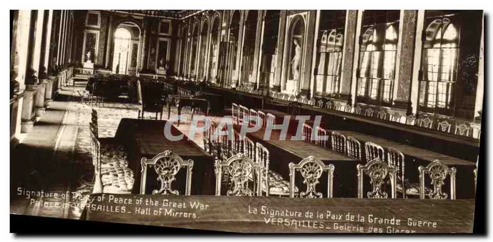 Versalles — Sala de los Espejos — Firma de la Paz de la Gran Guerra — Editor LÉPY FILS & CIE, París - Anverso