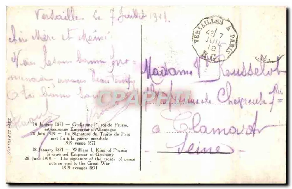 Versalles — Sala de los Espejos — Firma de la Paz de la Gran Guerra — Editor LÉPY FILS & CIE, París - Reverso