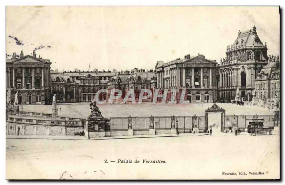 Palácio de Versalhes — vista do pátio e das estátuas — Fournier, editor, Versalhes, n°2 - Frente