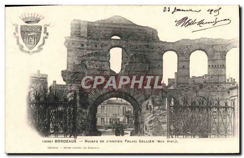 Bordeaux — Ruinen des alten Palais Gallien (Mon Hist.) — Buchhandlung Henry Gomier, Rue Fornière - Vorderseite