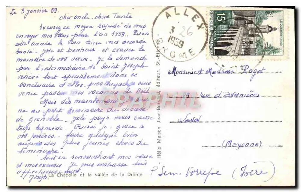 Escuela Apostólica de los Pequeños Clerigos de San José — ALLEX (Drôme) - Reverso