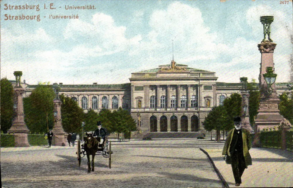 Strasburgo - l'università — vista dell'edificio principale con calesse e pedone — edito da Felix Lübb, n° 2677 - Recto