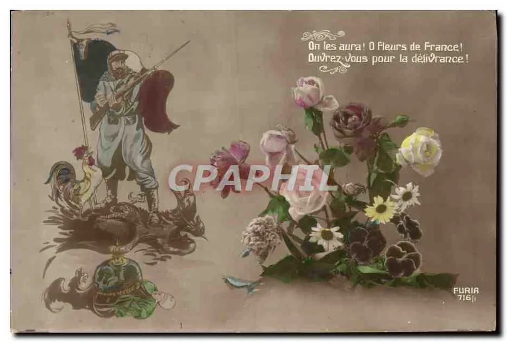 Soldat und Hahn — patriotische Szene — FURIA 716/1 - Vorderseite