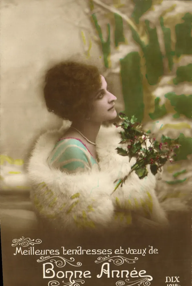 Frau in Pelz mit Eibe — Beste Zärtlichkeit und Neujahrswünsche 1918 — Dix - Vorderseite