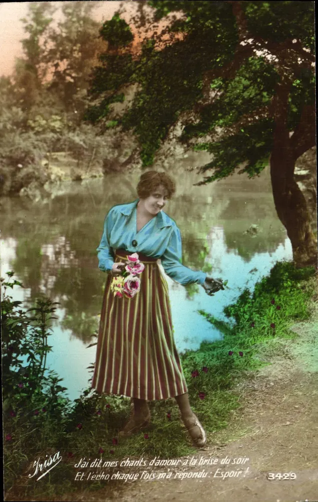 Frau am Rand eines Sees — Gedicht 'Ich sprach meine Liebeslieder der Abendbrise zu' — Verleger Irisa, Nr. 3429 - Vorderseite
