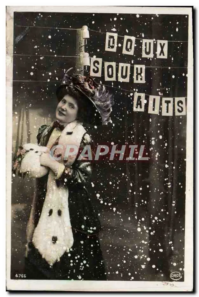Femme en robe de soirée tenant un ours en peluche — 'DOUX SOUHAITS' — Circe, n° 4766 - Recto