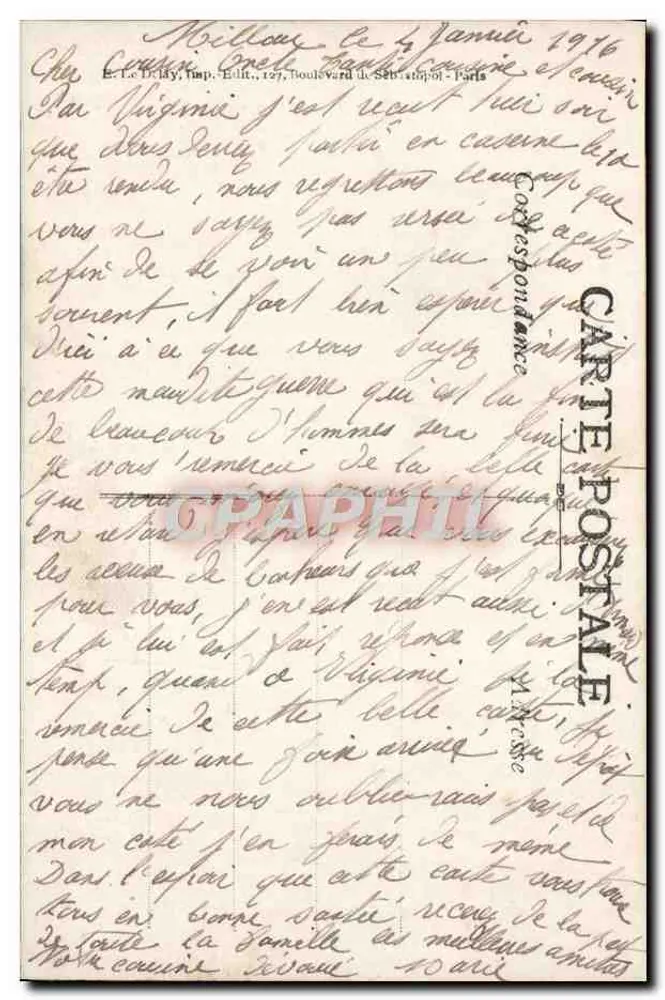 Frau in weißem Kleid mit Lorbeerstrauß und dreifarbiger Fahne — Frohe Neujahr — Verlag Vise, Paris, Nr. 2520 - Rückseite