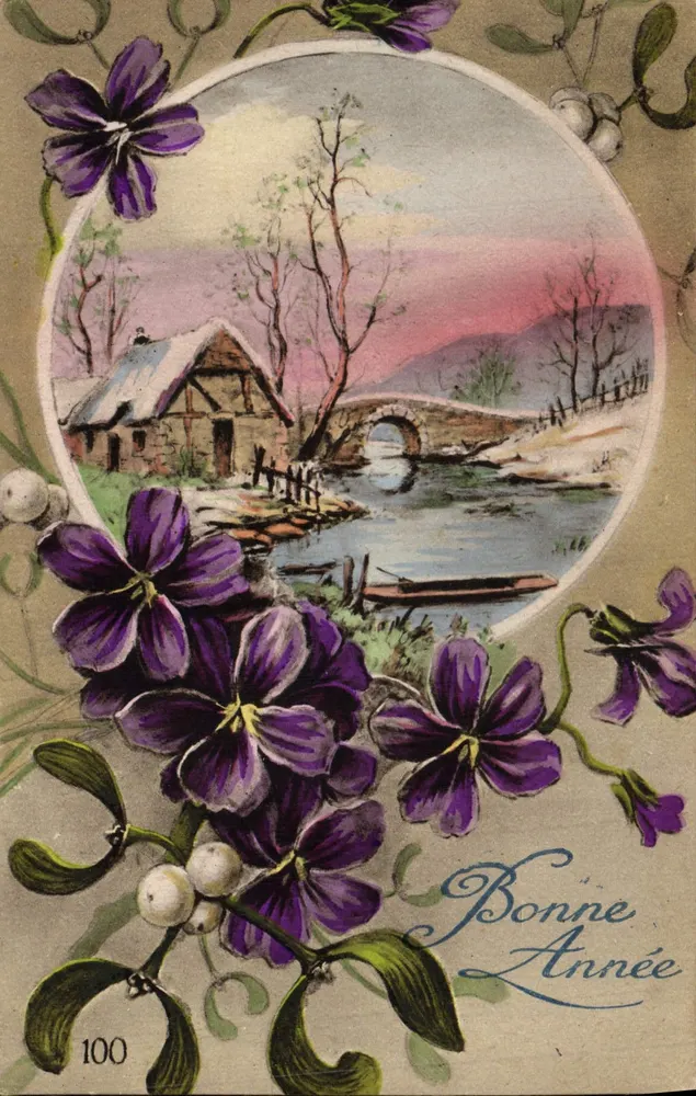 Paysage zimowy z domem i mostem — Szczęśliwego Nowego Roku — Wydawca n°100 - Awers