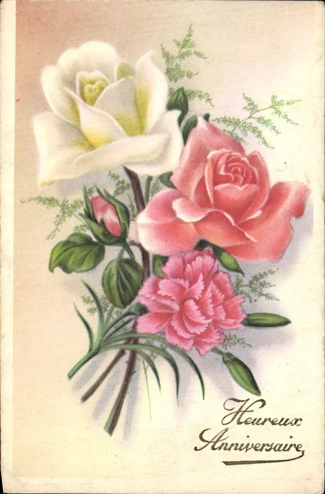 Blumenstrauß aus Rosen und Päonien — Frohes Geburtstag — unbekannter Verlag, Seriennummer nicht sichtbar - Vorderseite