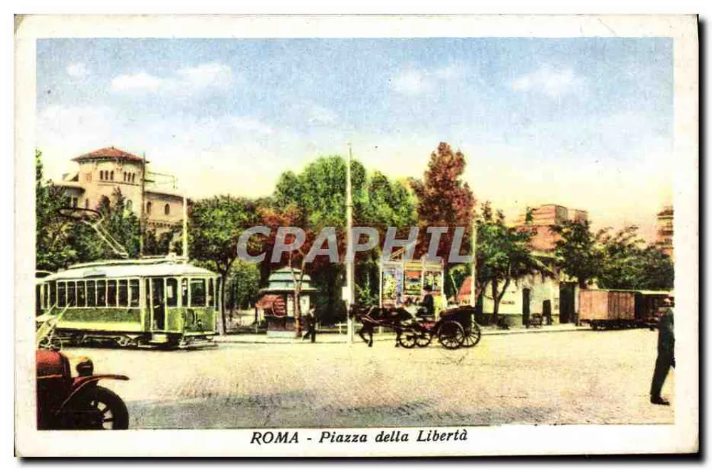 रोमा - पियाज़ा डेला लिबर्टा — ट्रैमवे और कैलेश के साथ दृश्य — G.M. संख्या 5-8464 - आगे