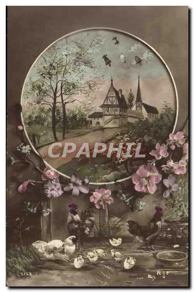 Rustige landschap met kerk — scène met kippen en kuikens — uitgever R.P. n° 5153 - Voorkant