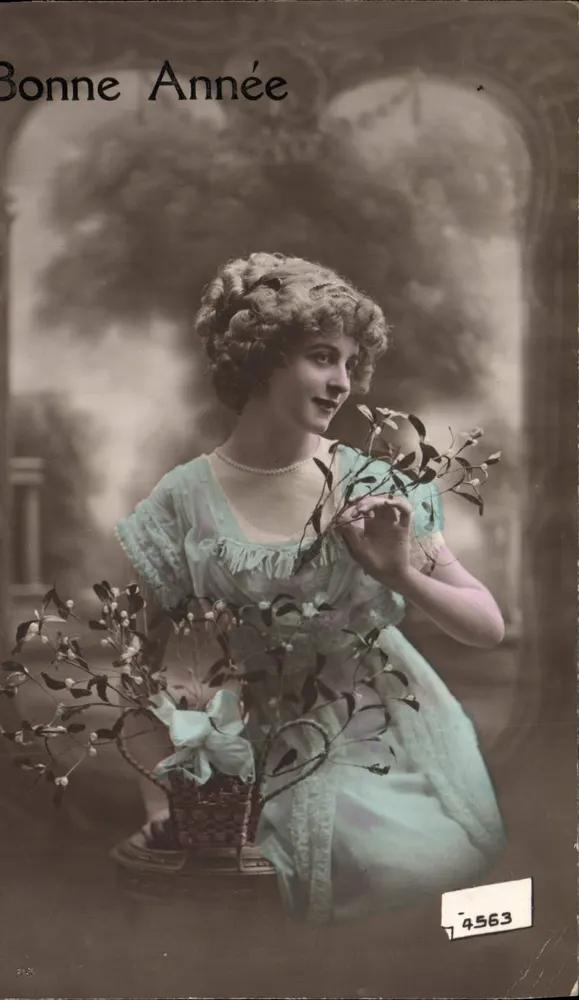Junge Frau mit Blumenstrauß — Frohe Neujahr — unbekannter Verlag, n° 4563 - Vorderseite