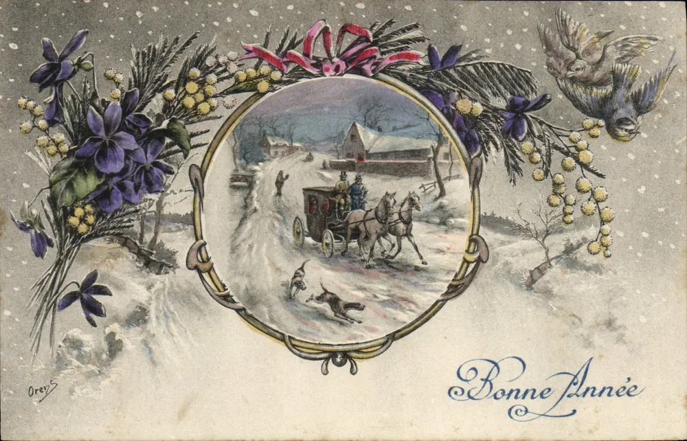Winterlandschaft mit Kutsche — Orey's — Frohe Weihnachten - Vorderseite