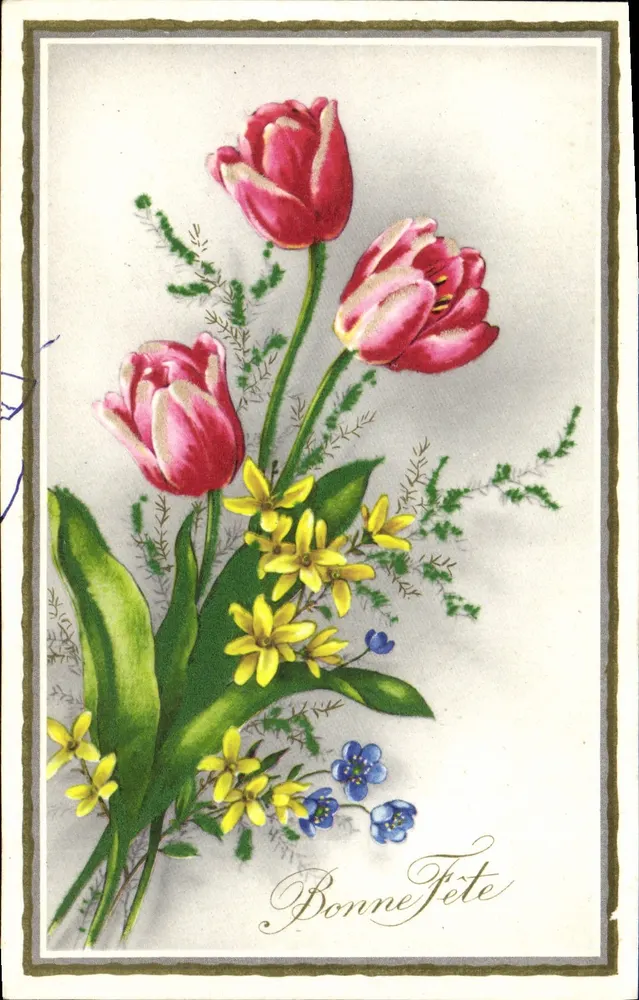 Büschel rosa Tulpen und Blumen — Frohe Geburtstage — französische Ansichtskarte - Vorderseite