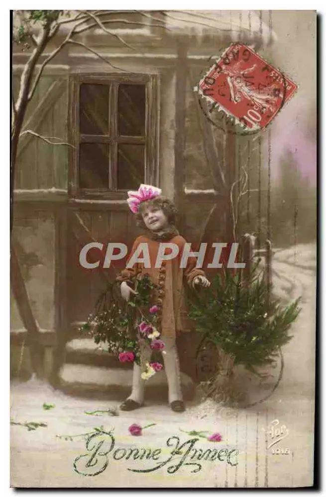 Girl with bouquet and fir tree — Happy New Year 1916 — anonymous publisher, no. 108 - Front